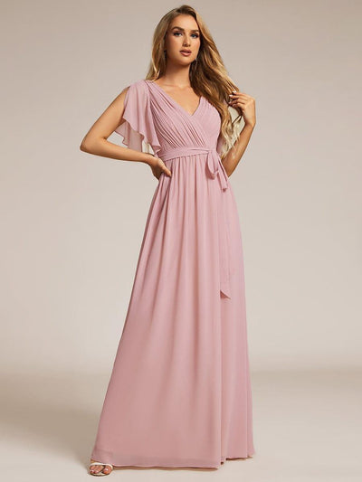 V-Neck Flutter Sleeve Floor-Length A-Line Chiffon Evening Dress #color_Dusty Rose