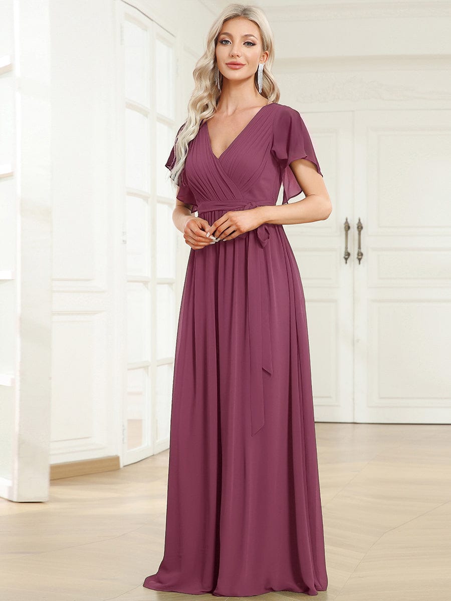 Chiffon Pleated V-Neck Flutter Sleeve Maxi Bridesmaid Dress In Sage Green #color_Damson