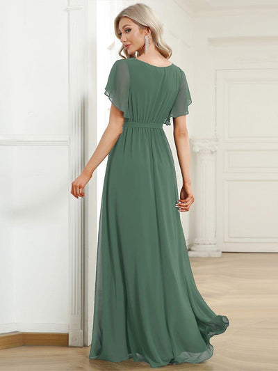 V-Neck Flutter Sleeve Floor-Length A-Line Chiffon Evening Dress #color_Eucalyptus Green