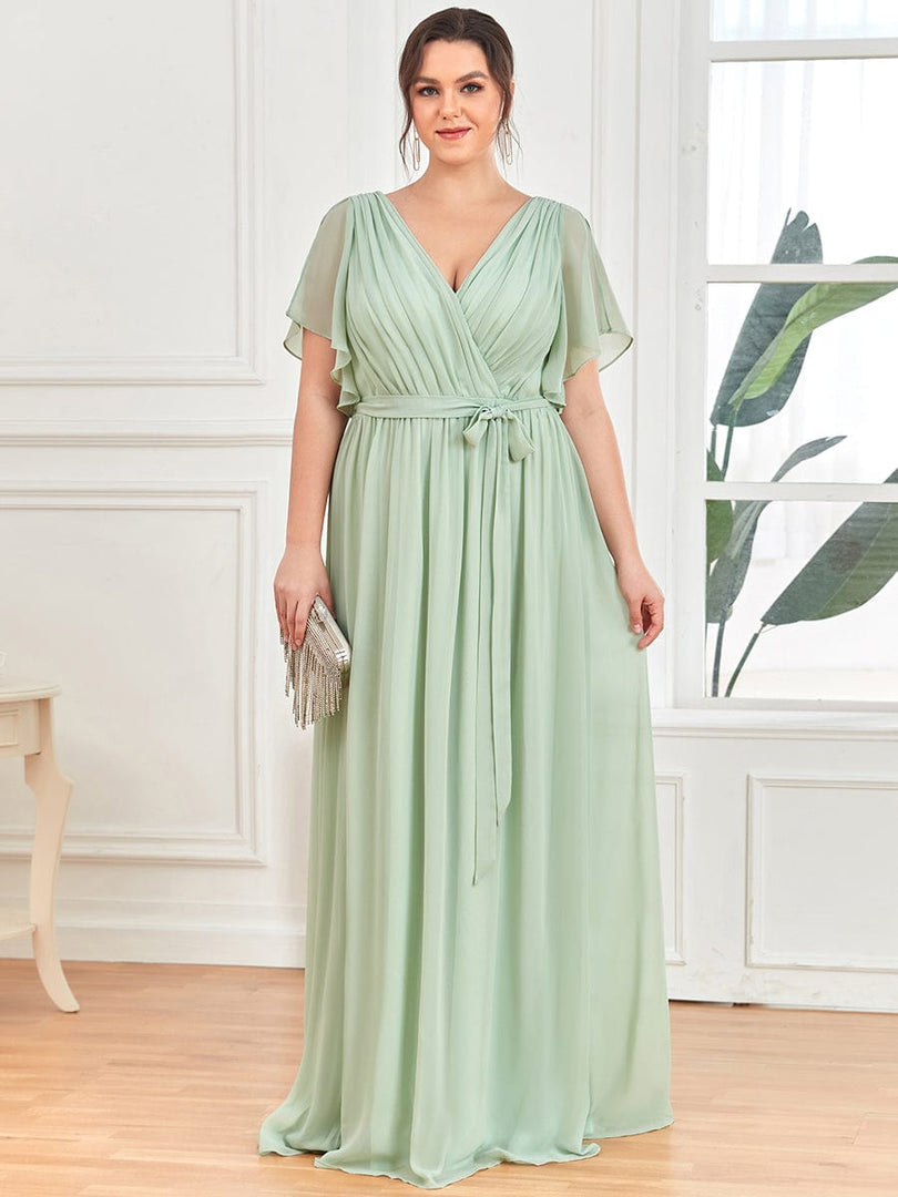 Elegant Chiffon Guest Dress with V-Neck, Long Sleeves & Fitted Waist