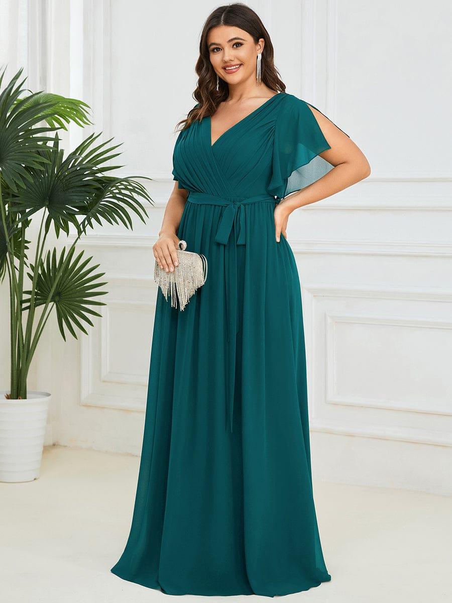 Chiffon Pleated V-Neck Flutter Sleeve Maxi Bridesmaid Dress In Sage Green #color_Teal