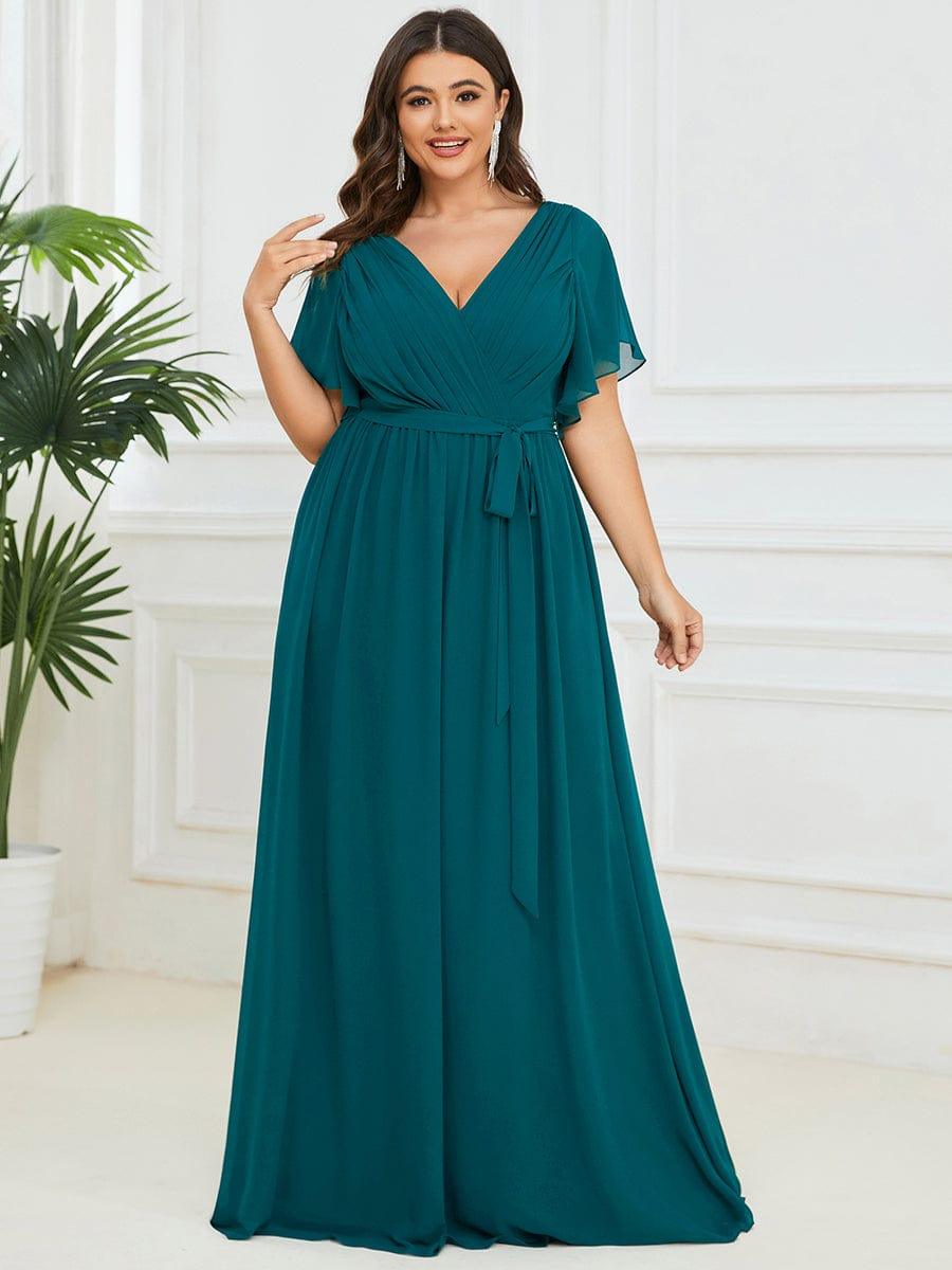 Chiffon Pleated V-Neck Flutter Sleeve Maxi Bridesmaid Dress In Sage Green #color_Teal