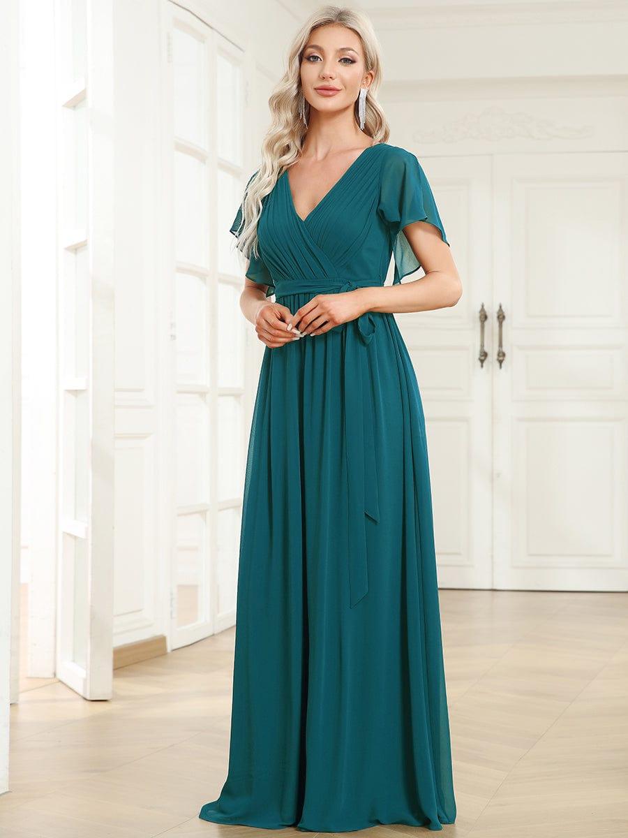 Chiffon Pleated V-Neck Flutter Sleeve Maxi Bridesmaid Dress In Sage Green #color_Teal