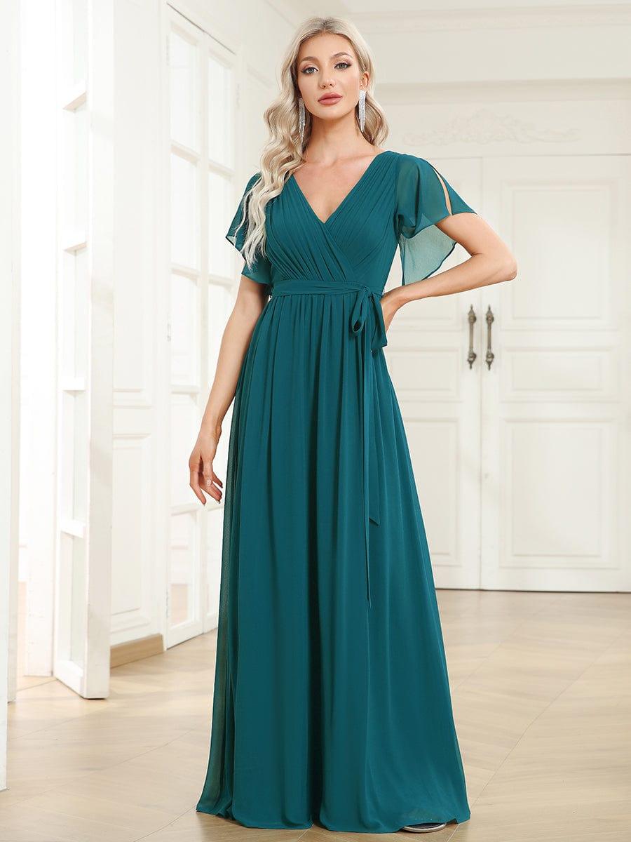 Chiffon Pleated V-Neck Flutter Sleeve Maxi Bridesmaid Dress In Sage Green #color_Teal