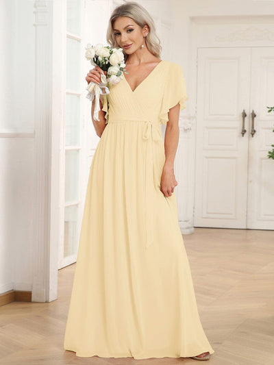 A-Line Pleated Chiffon Tie-Waist Bridesmaid Dress #color_Yellow