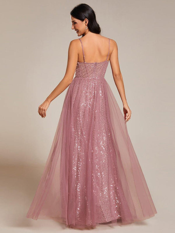 Elegant A Line Split Evening Dress with Spaghetti-Straps & Pockets