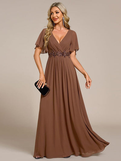 Elegant Chiffon Applique Wedding Guest Dress with Flutter Sleeves #color_Brown
