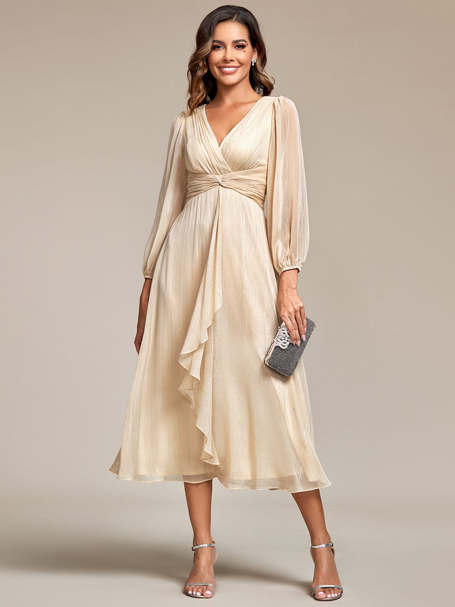ever EMBER|Shimmering Long Sleeve V-Neck Chiffon Twist Knot A-Line Evening Dress