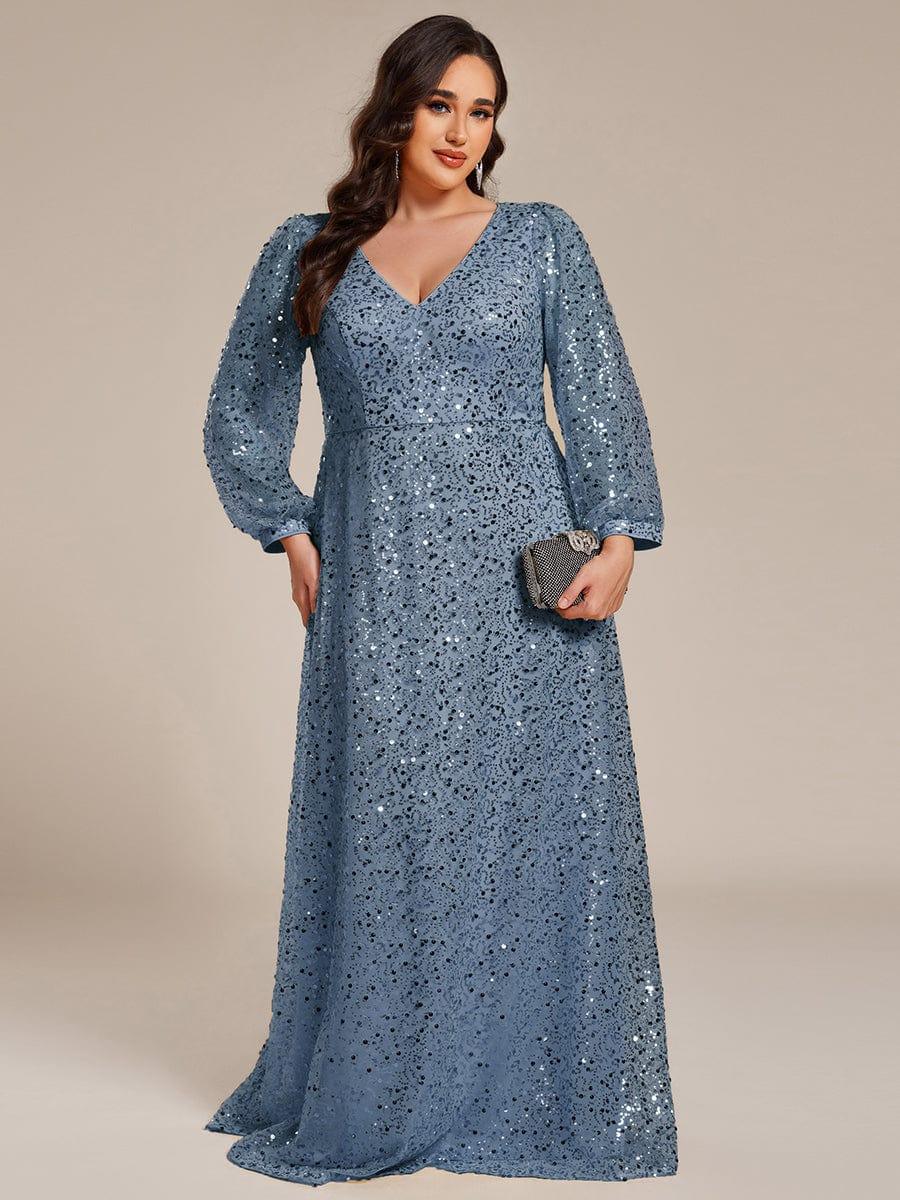 V-Neck Lantern Long Sleeve Sequin A-Line Evening Dress #color_Dusty Blue