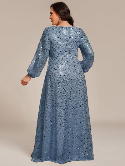 V-Neck Lantern Long Sleeve Sequin A-Line Evening Dress #color_Dusty Blue