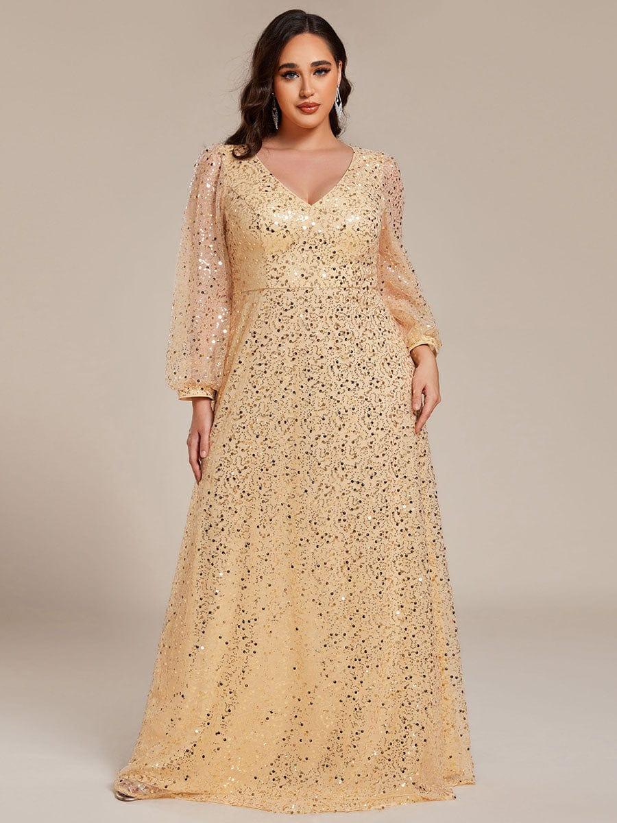 V-Neck Lantern Long Sleeve Sequin A-Line Evening Dress #color_Gold