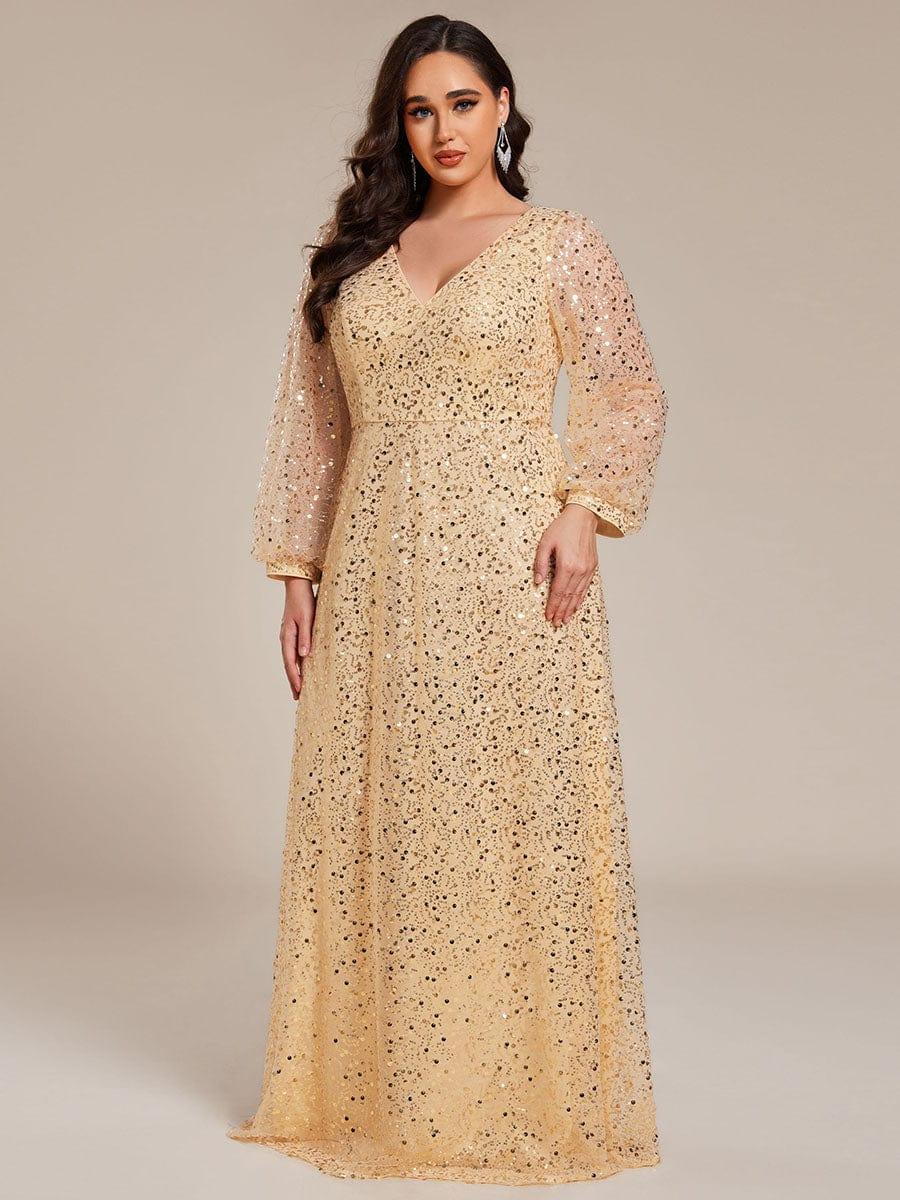V-Neck Lantern Long Sleeve Sequin A-Line Evening Dress #color_Gold