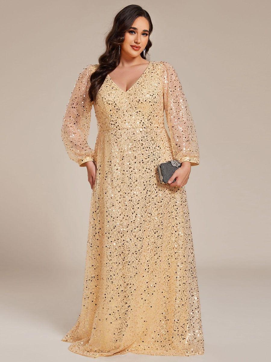 V-Neck Lantern Long Sleeve Sequin A-Line Evening Dress #color_Gold