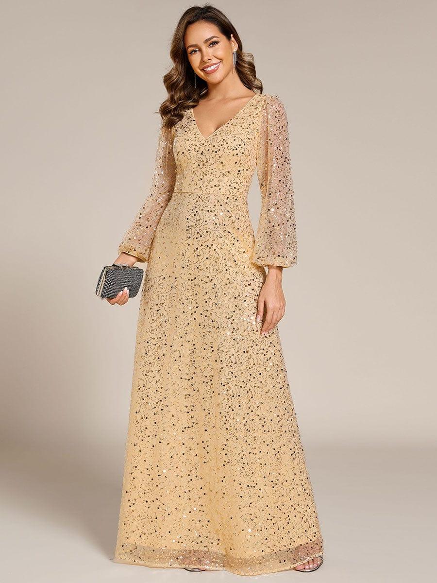 V-Neck Lantern Long Sleeve Sequin A-Line Evening Dress #color_Gold