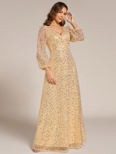 V-Neck Lantern Long Sleeve Sequin A-Line Evening Dress #color_Gold