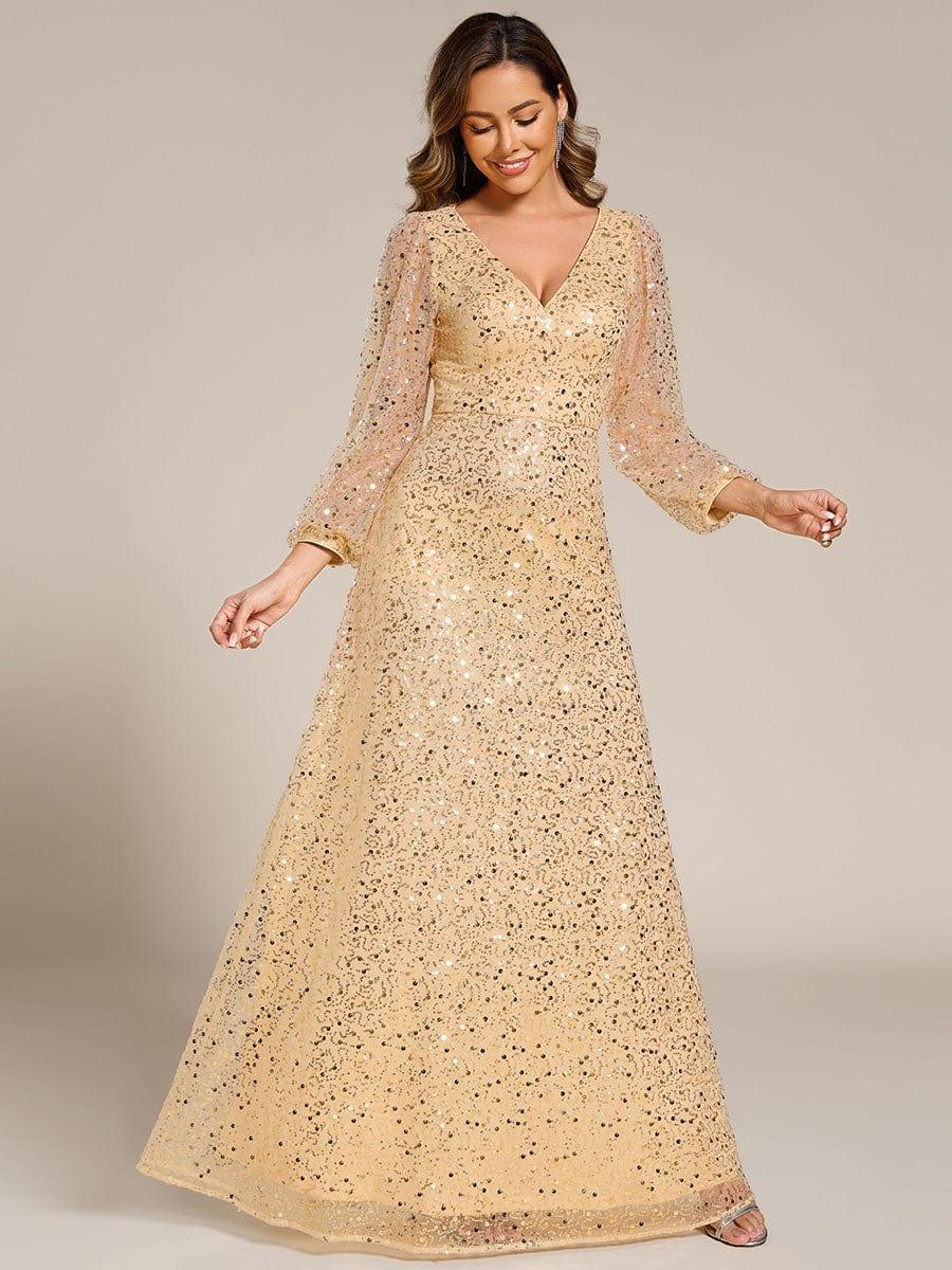 V-Neck Lantern Long Sleeve Sequin A-Line Evening Dress #color_Gold