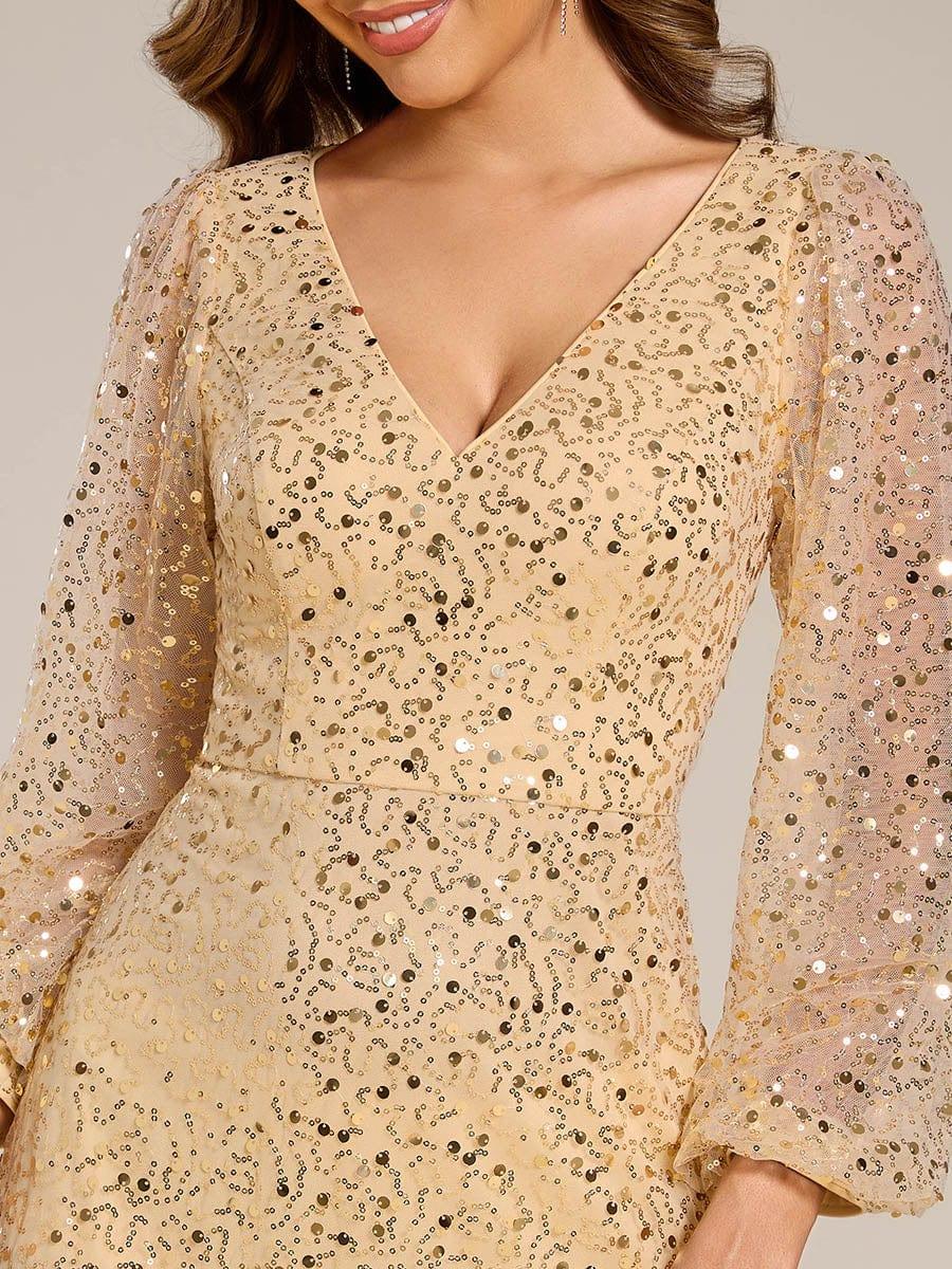 V-Neck Lantern Long Sleeve Sequin A-Line Evening Dress #color_Gold