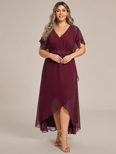 Plus Size Waist Applique A-Line Chiffon V-Neck Evening Dress #color_Burgundy