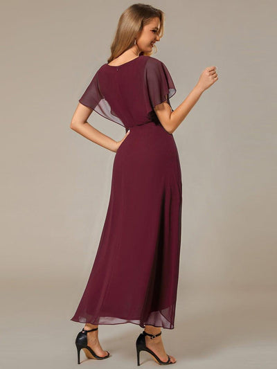 Waist Applique A-Line Chiffon V-Neck Wedding Guest Dress #color_Burgundy