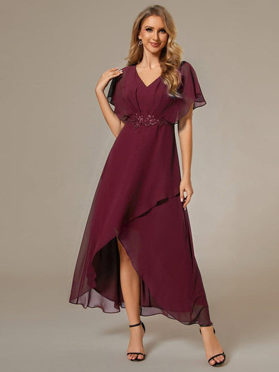 Waist Applique A-Line Chiffon V-Neck Wedding Guest Dress #color_Burgundy