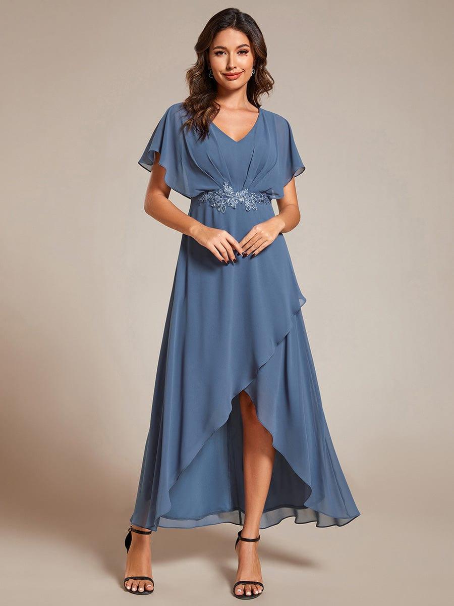 LILAS Waist Applique Line Chiffon V Neck Evening Dress