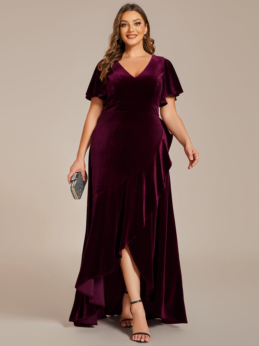 Elegant Double V-Neck Short Sleeves Velvet Bridesmaid Dress #color_Burgundy