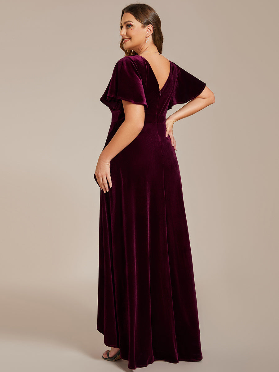 Elegant Double V-Neck Short Sleeves Velvet Bridesmaid Dress #color_Burgundy