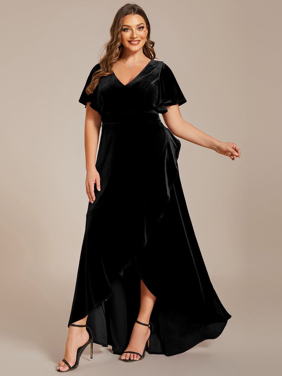pretty SYLVA|Plus Size High-Low A-Line Velvet Evening Dress
