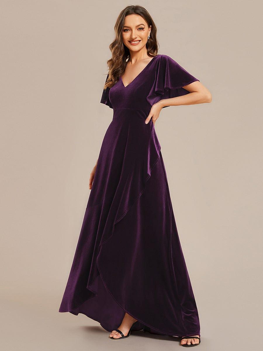 Elegant Double V-Neck Short Sleeves Velvet Bridesmaid Dress #color_Dark Purple