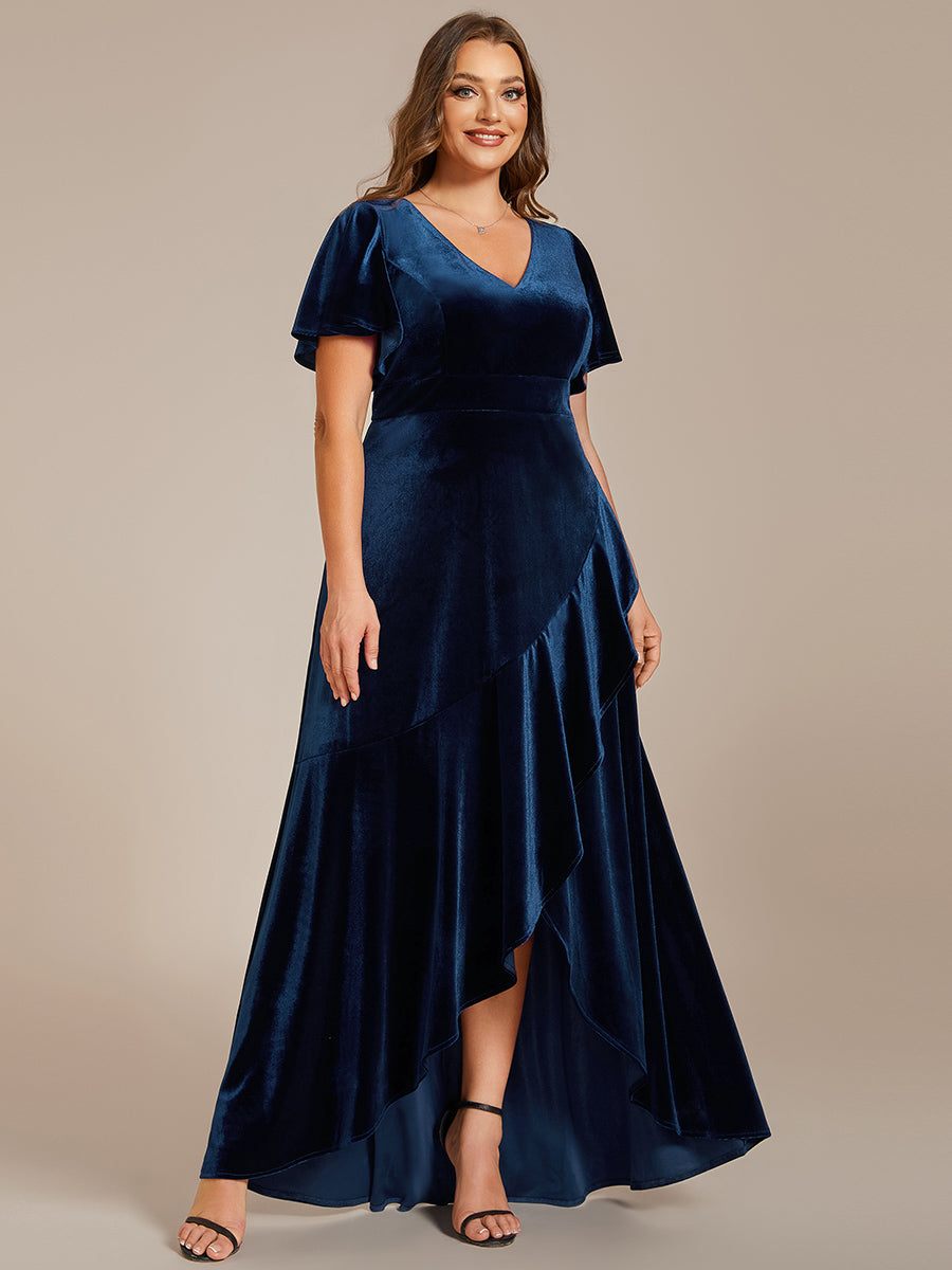 Elegant Double V-Neck Short Sleeves Velvet Bridesmaid Dress #color_Navy Blue