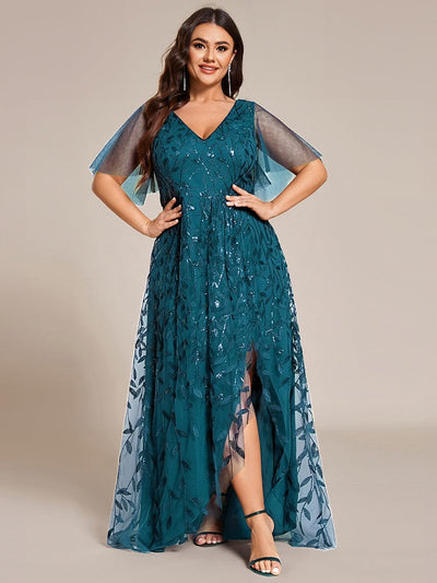 pretty ALIX|Plus Size V-Neck High Slit Sequined Evening Dresses