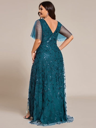 V-Neck Sequined Evening Dresses with High Slit #color_Teal