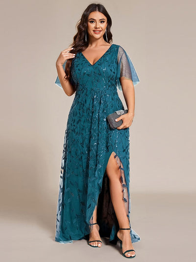 V-Neck Sequined Evening Dresses with High Slit #color_Teal