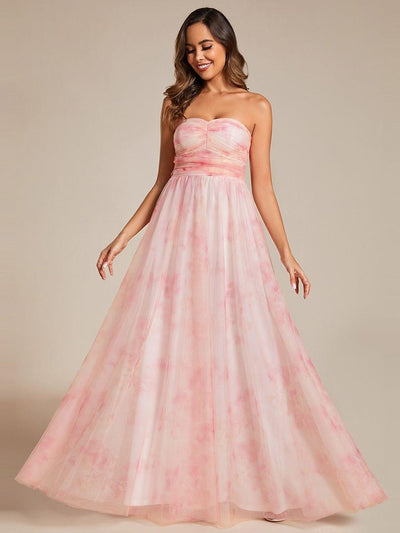 Multi-Way Strapless Floral Empire Waist Evening Dress with Pleated #color_Pink