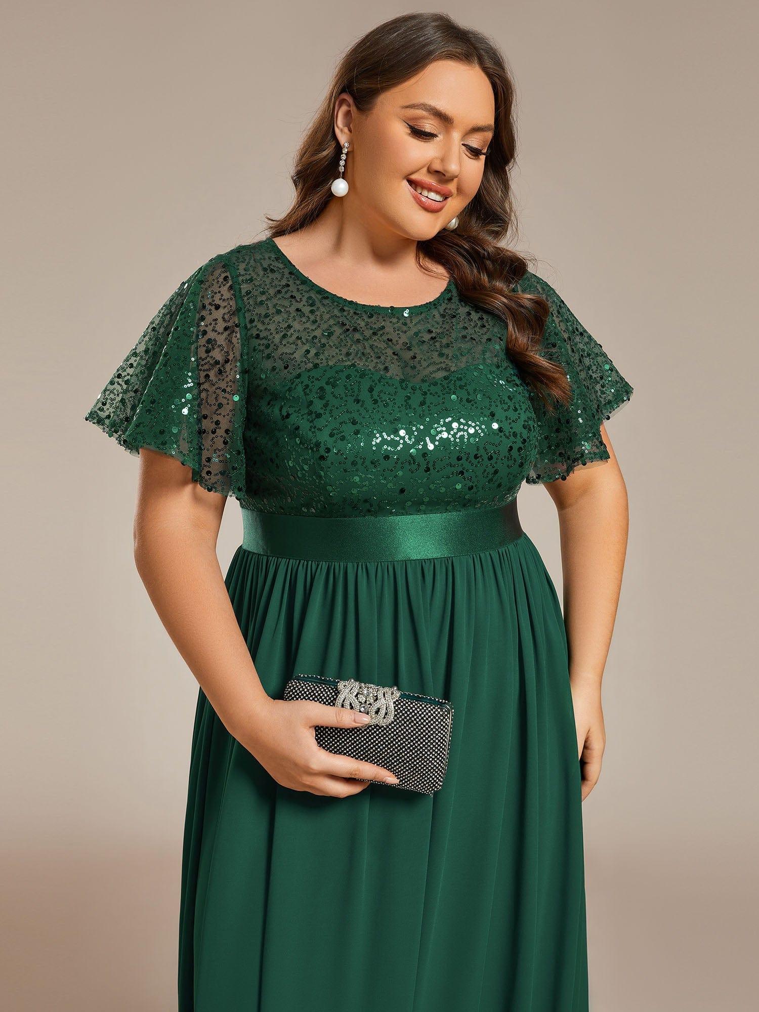 Plus Size High Waist Sequin Round-Neck Short-Sleeved Evening Dress #color_Dark Green