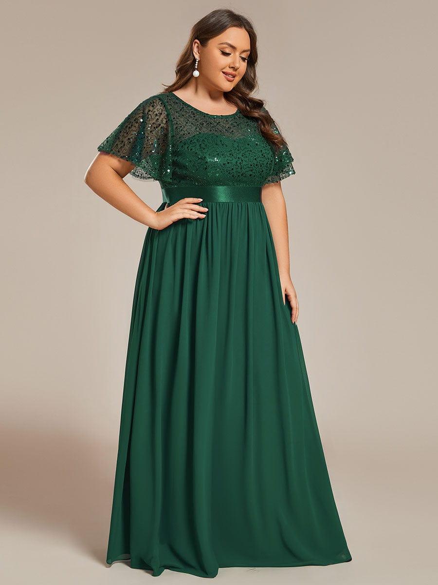 Plus Size High Waist Sequin Round-Neck Short-Sleeved Evening Dress #color_Dark Green