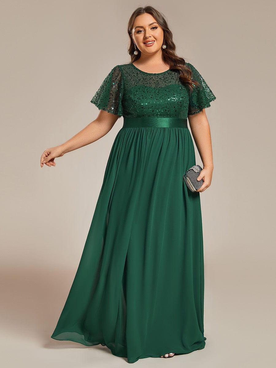 Plus Size High Waist Sequin Round-Neck Short-Sleeved Evening Dress #color_Dark Green