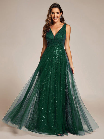 Sequined V-Neck Sleeveless See-Through Tulle Evening Dress #color_Dark Green