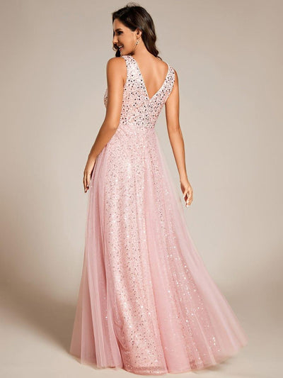 Sequined V-Neck Sleeveless See-Through Tulle Evening Dress #color_Pink