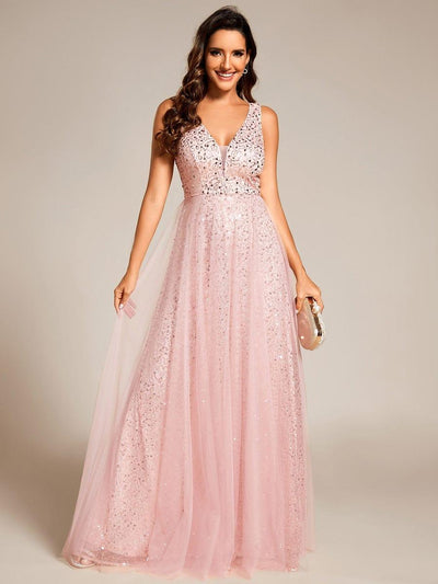 Sequined V-Neck Sleeveless See-Through Tulle Evening Dress #color_Pink
