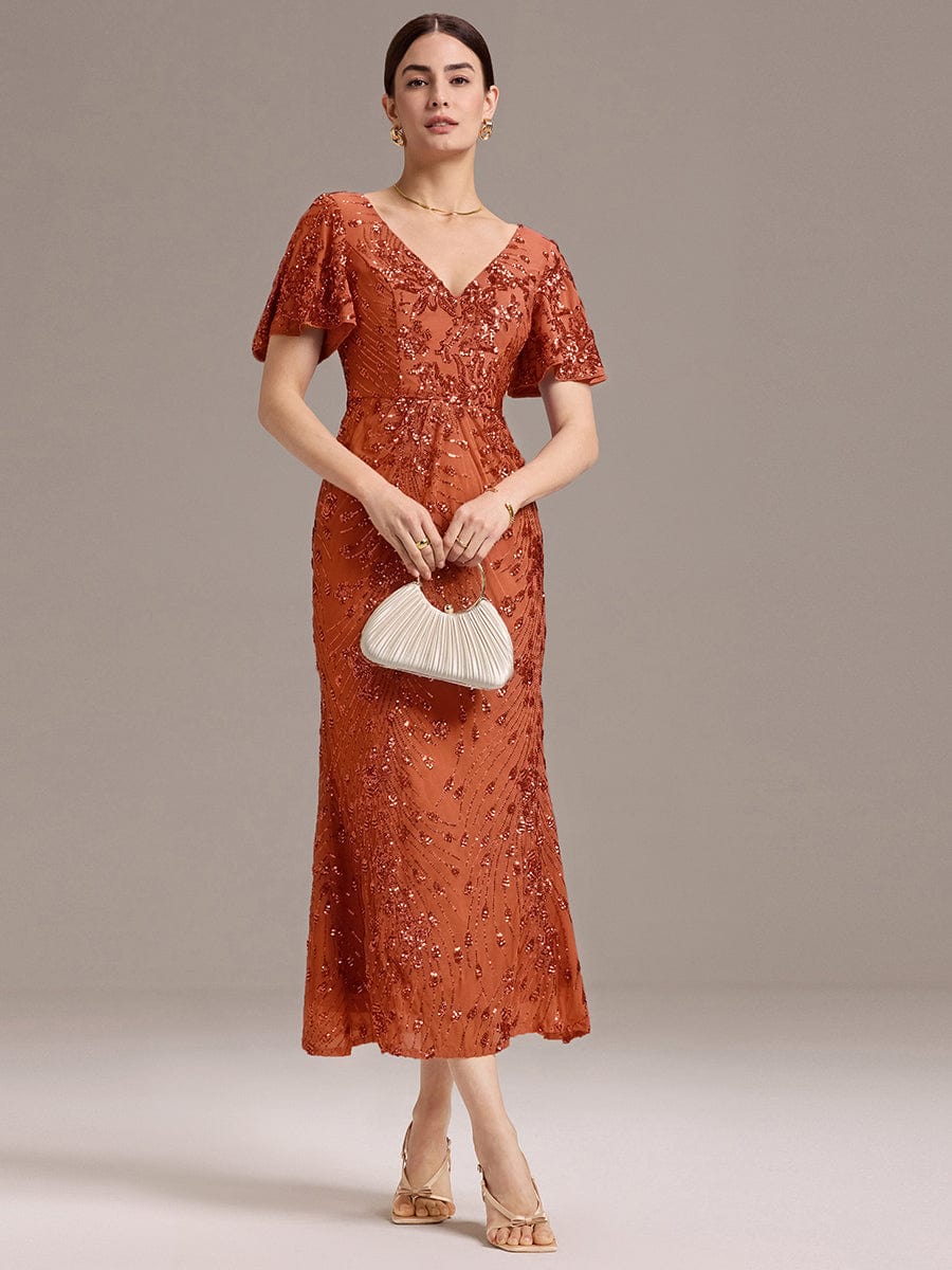 Sequin Ruffle Sleeve Evening Dress #color_Burnt Orange