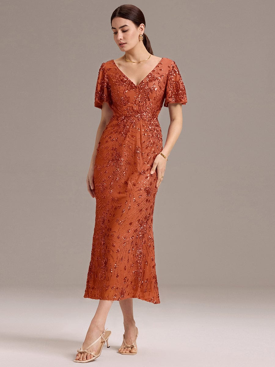 Sequin Ruffle Sleeve Evening Dress #color_Burnt Orange