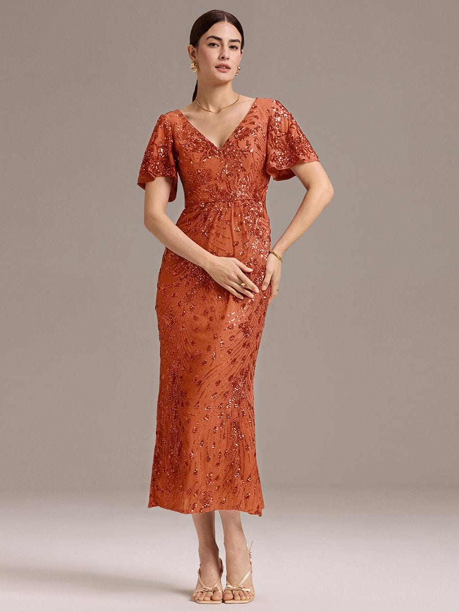 Sequin Ruffle Sleeve Evening Dress #color_Burnt Orange