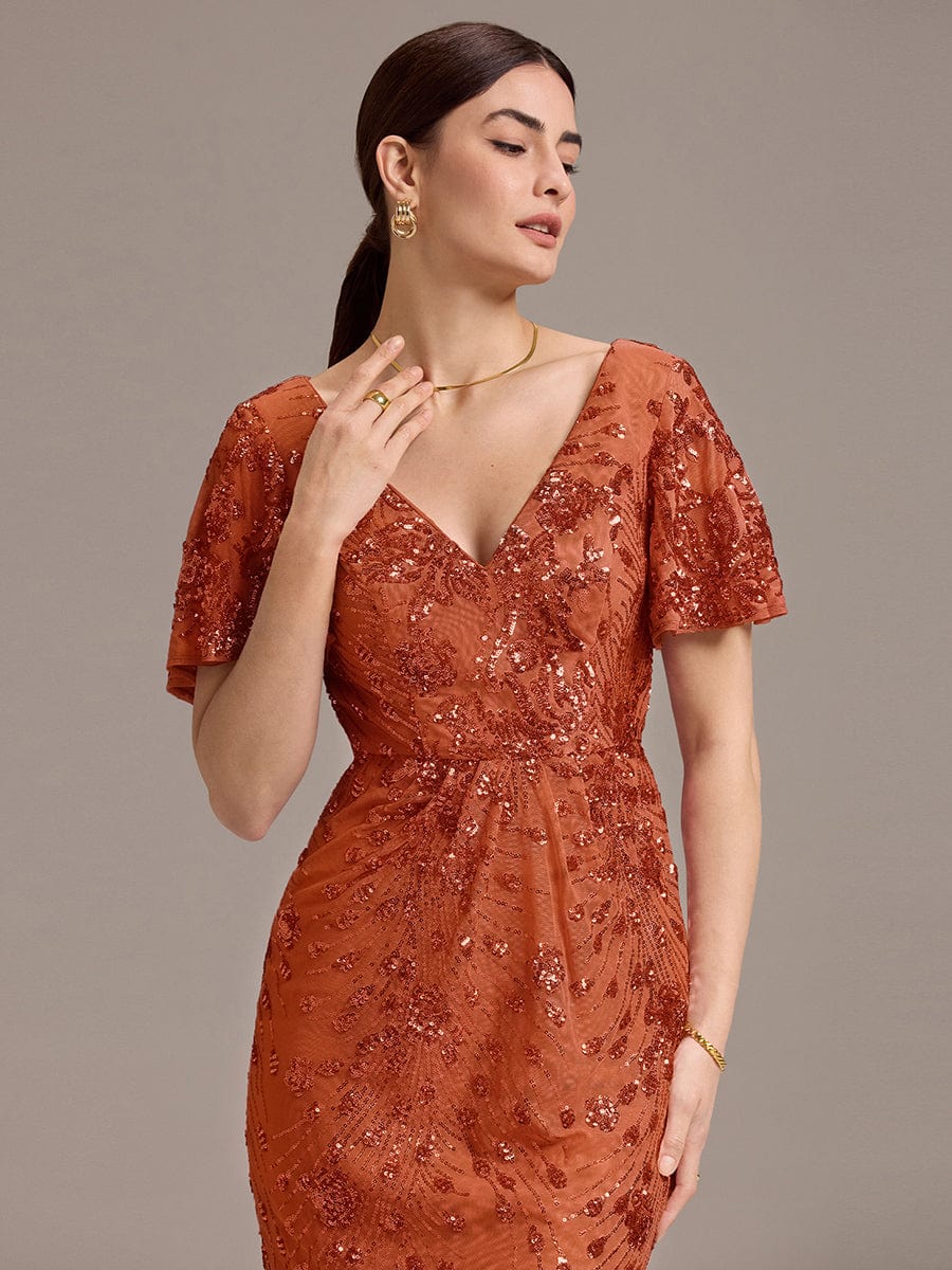 Sequin Ruffle Sleeve Evening Dress #color_Burnt Orange