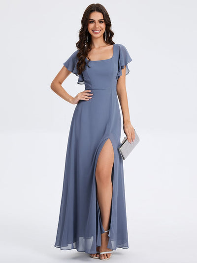 Floral Tie Back Ruffle Sleeves Square Neck Maxi Evening Dress #color_Dusty Blue