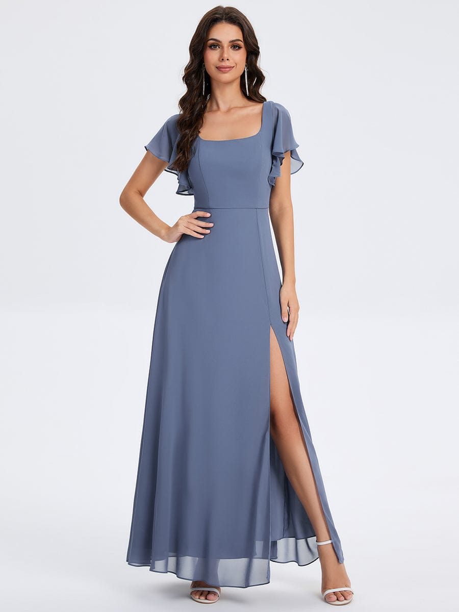 Floral Tie Back Ruffle Sleeves Square Neck Maxi Evening Dress #color_Dusty Blue