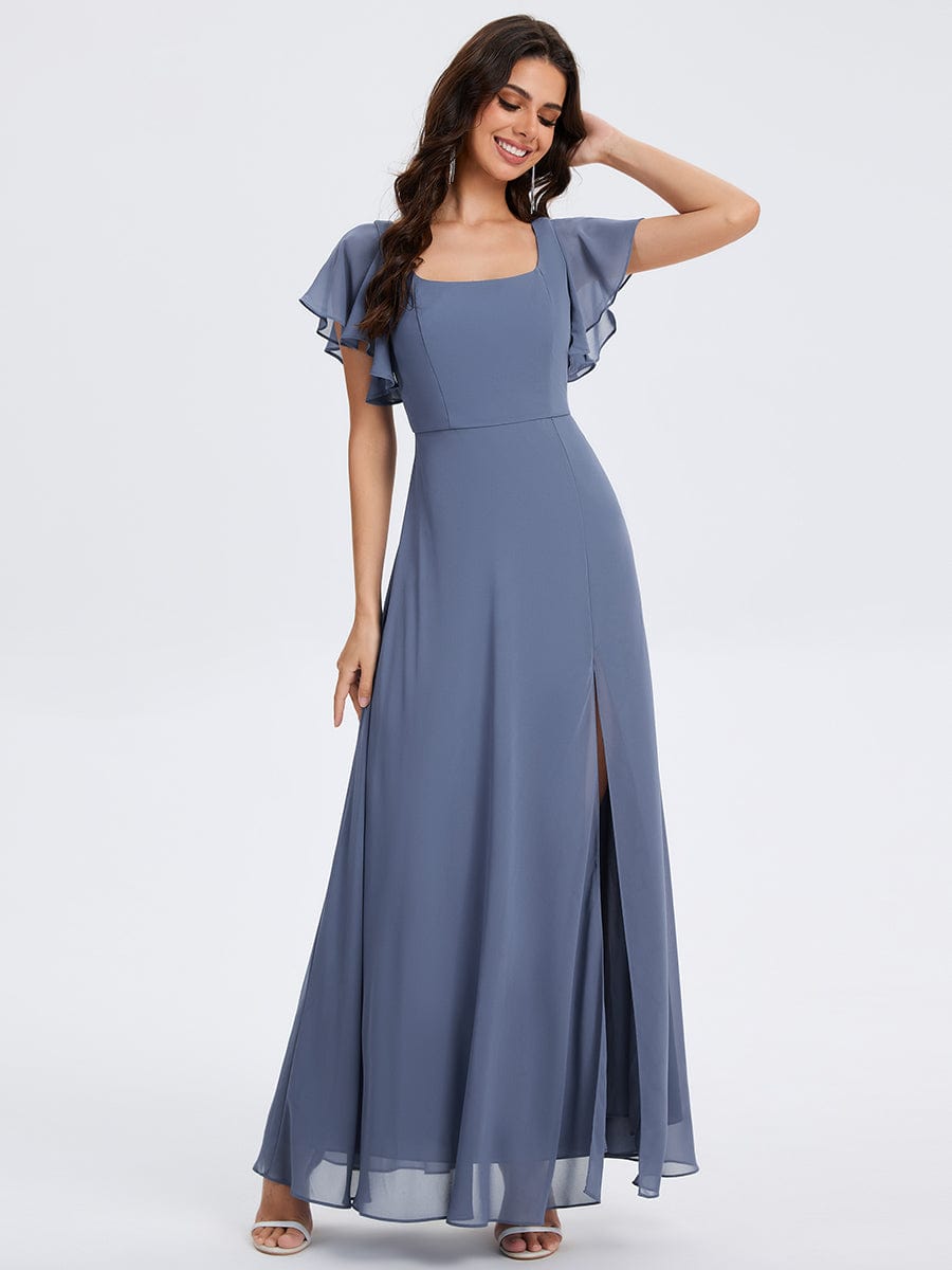 Floral Tie Back Ruffle Sleeves Square Neck Maxi Evening Dress #color_Dusty Blue
