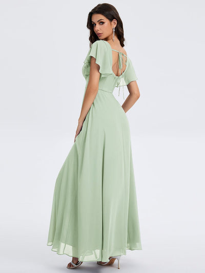 Floral Tie Back Ruffle Sleeves Square Neck Maxi Evening Dress #color_Mint Green