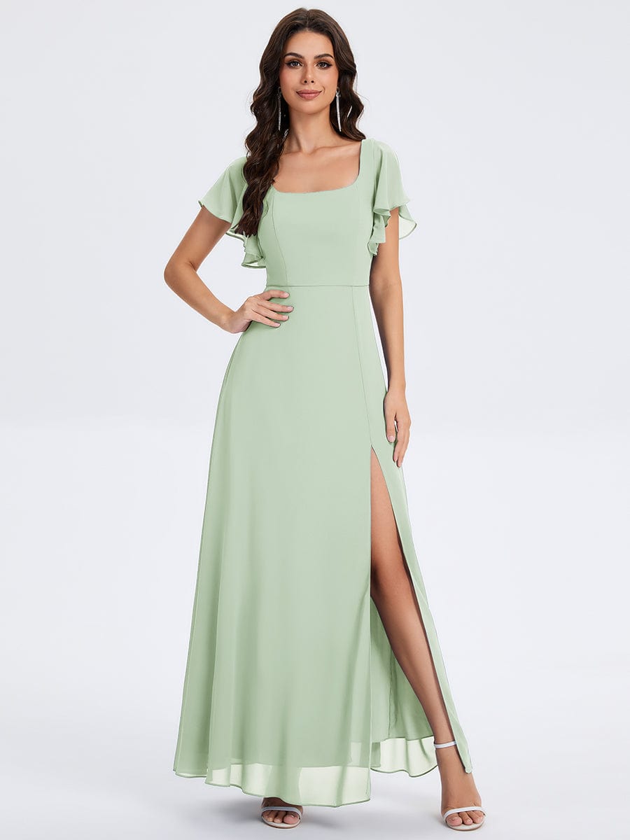 Floral Tie Back Ruffle Sleeves Square Neck Maxi Evening Dress #color_Mint Green