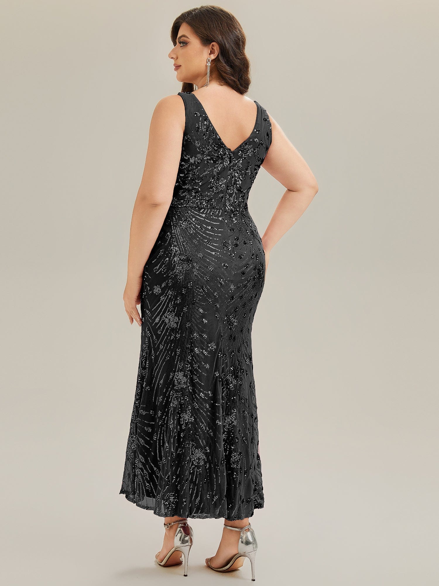Knotted Sequin Sleeveless Evening Dress #color_Black